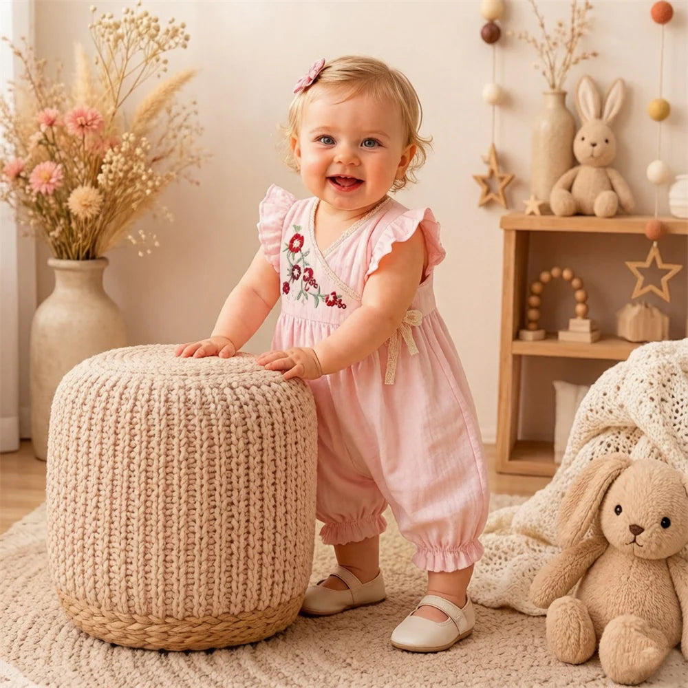 Cheerful Floral Embroidery Flutter Sleeve Baby Jumpsuit