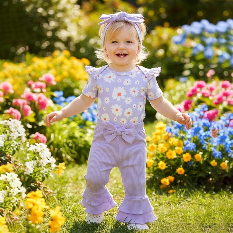 4PCS Cute Floral Printed Bow Short Sleeve Baby Set