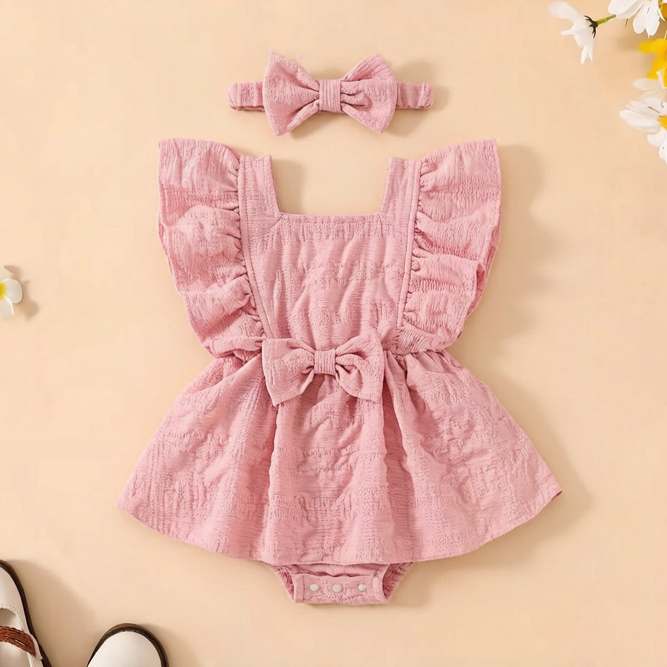 2PCS Cozy Solid Color Bowknot Flutter Sleeve Baby Romper