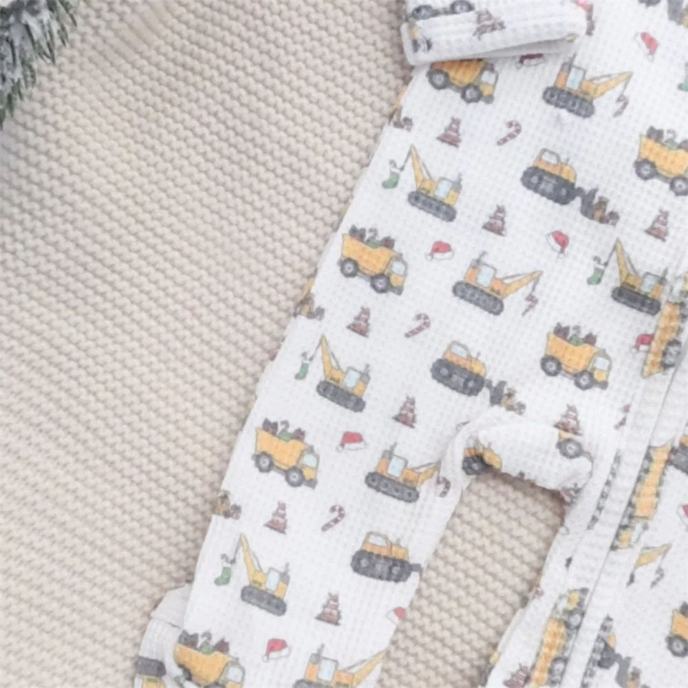 2PCS Santa's Work Zone Print Long Sleeve Baby Jumpsuit
