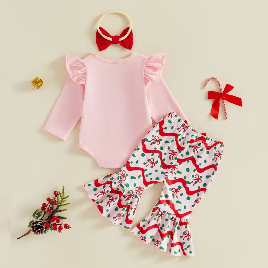 3PCS Merry Christmas Letter Tree Bow Print Long Sleeve Baby Girl Set