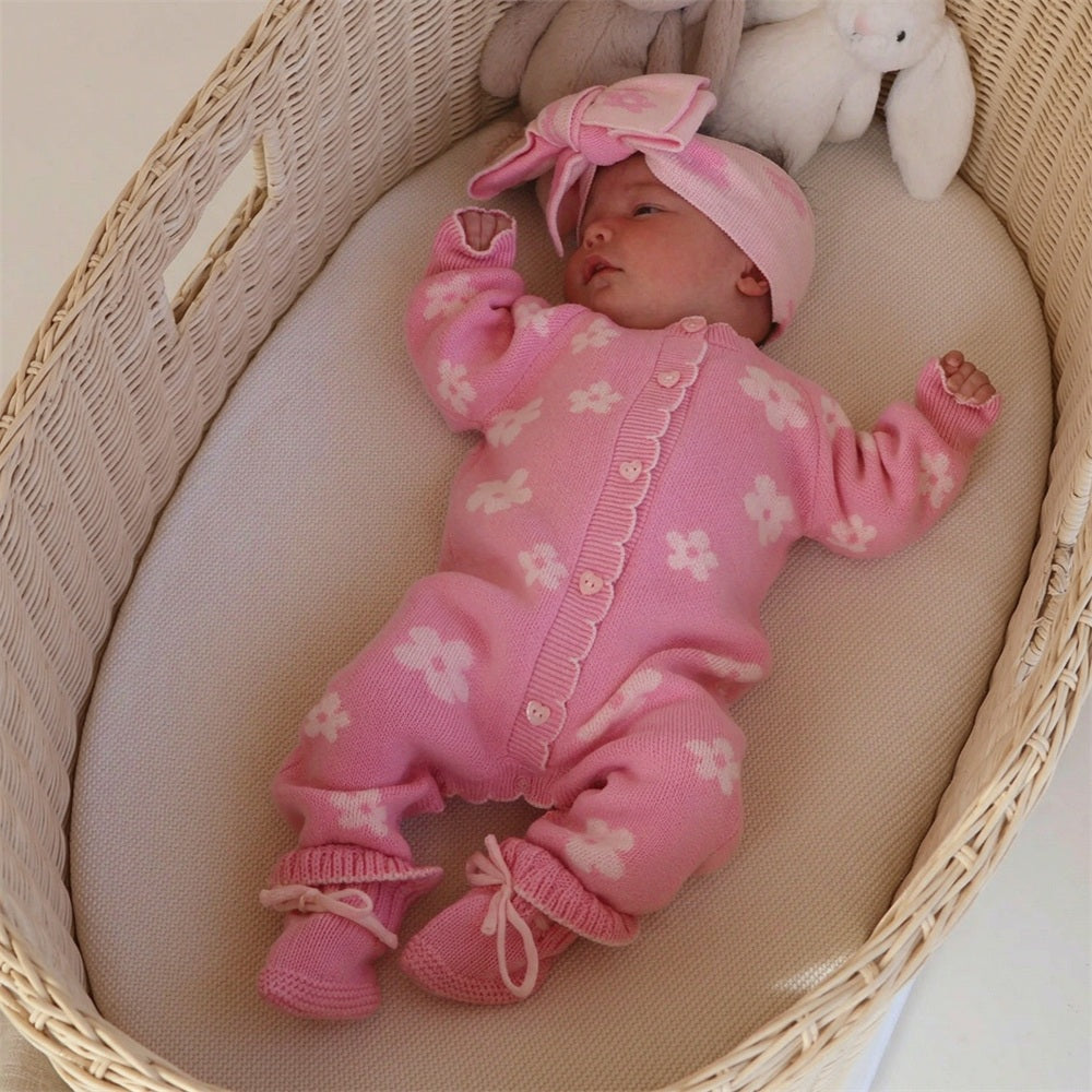 Grace Floral Printed Knitted Long Sleeve Baby Girl Jumpsuit