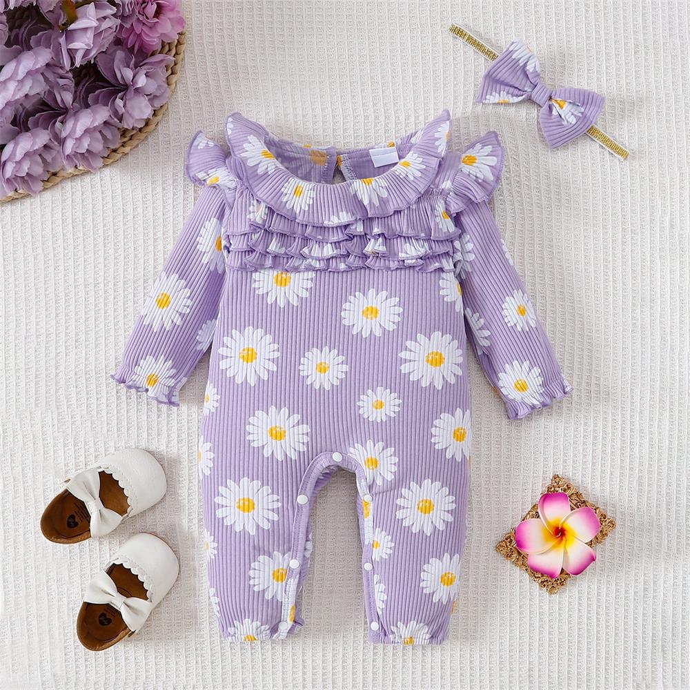 2PCS Fashion Daisy Print Long Sleeve Baby Jumpsuit