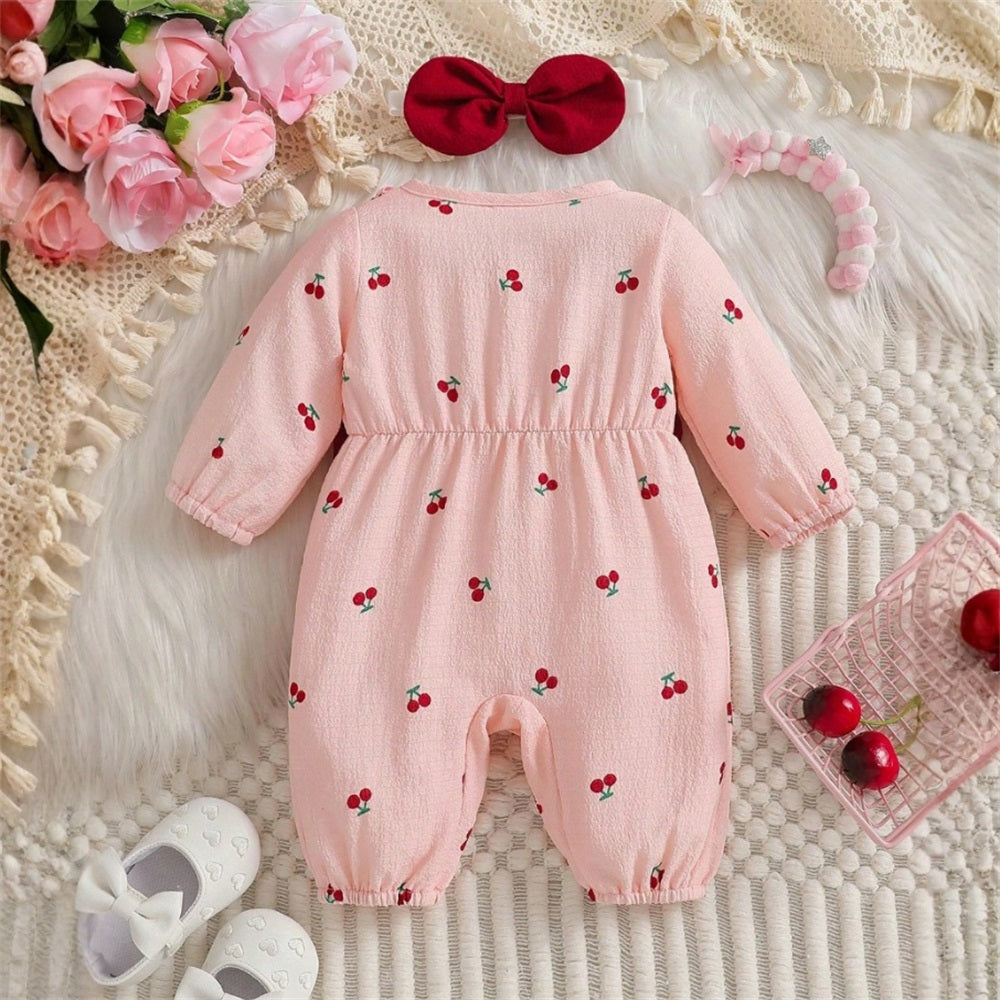 2PCS Cute Cherry Printed Bow Long Sleeve Baby Jumpsuit