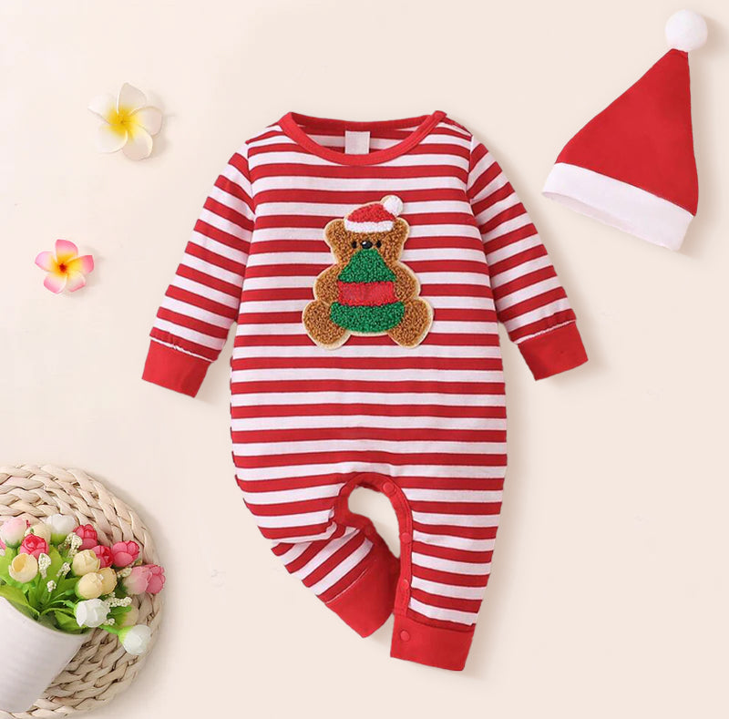 2PCS Stripe Printed Bear Embroidered Long Sleeve Baby Jumpsuit