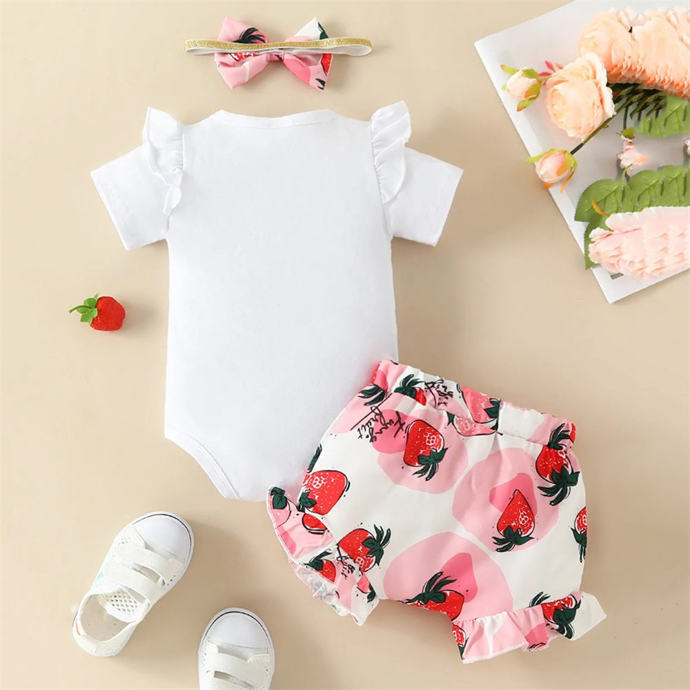 3PCS Sweet Strawberry Printed Ruffled Short Sleeve Baby Set