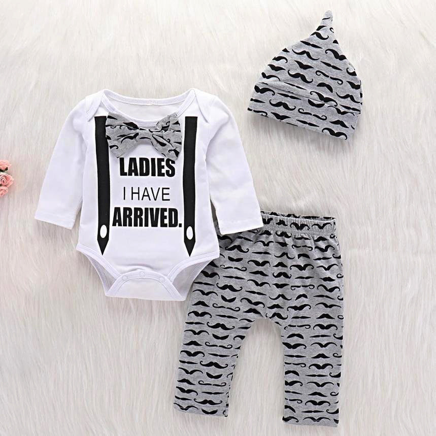 LADIES I HAVE ARRIVED Print Bow Bodysuit and Pants with Hat Set