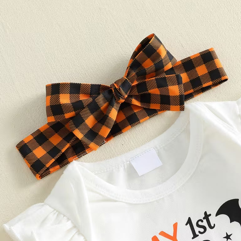 4PCS Cute My 1st Halloween Letter Plaid Printed Long Sleeve Baby Set