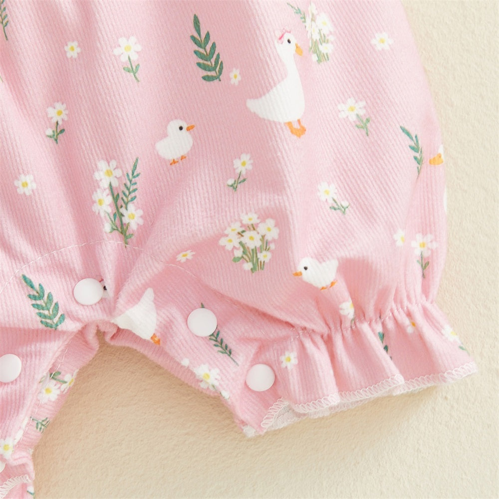 2PCS Floral Goose Printed Short Sleeve Baby Jumpsuit