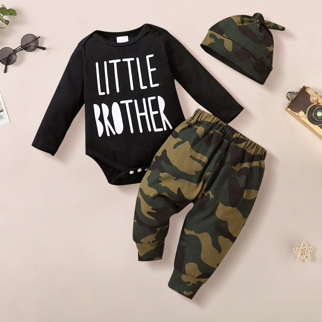 3PCS Little Brother Letter Camouflage Printed Long Sleeve Baby Set