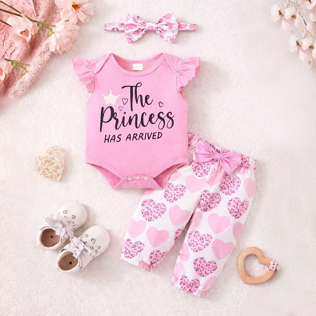 3PCS The Princess Letter Heart Print Fly Sleeve Baby Set