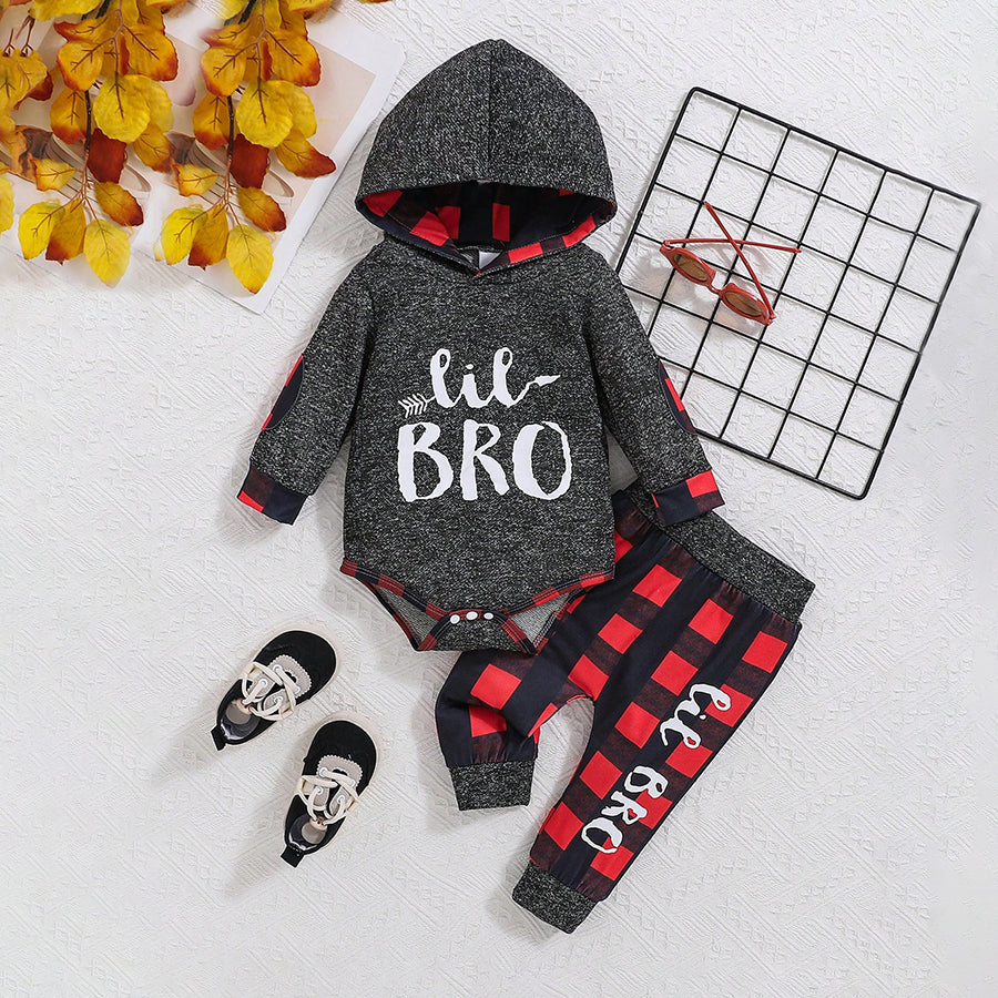 2PCS Lil Bro Letter Plaid Printed Long Sleeve Hooded Baby Set