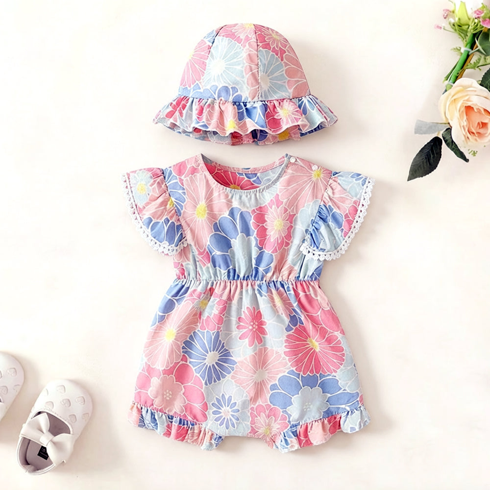 2PCS Cute Floral Printed Flutter Sleeve Baby Jumpsuit