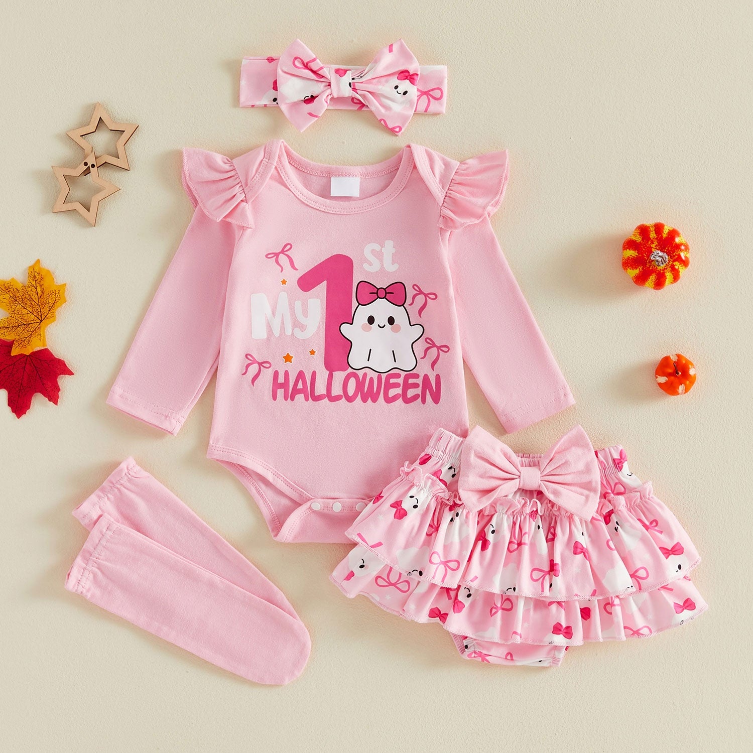 4PCS Sweet My 1st Halloween Letter Ghost and Bow Printed Baby Set