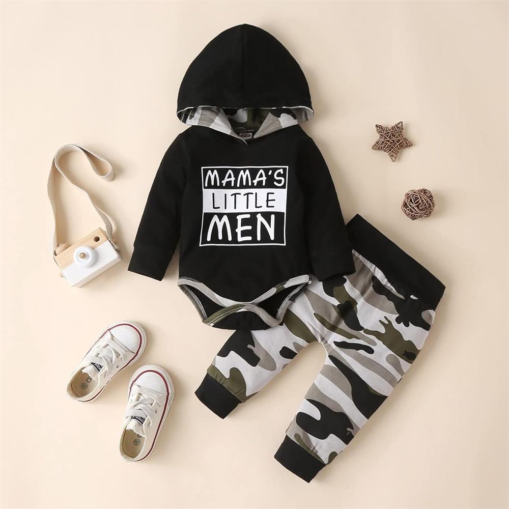 2PCS Mama's Little Man Letter Printed Long Sleeve Hooded Baby Set