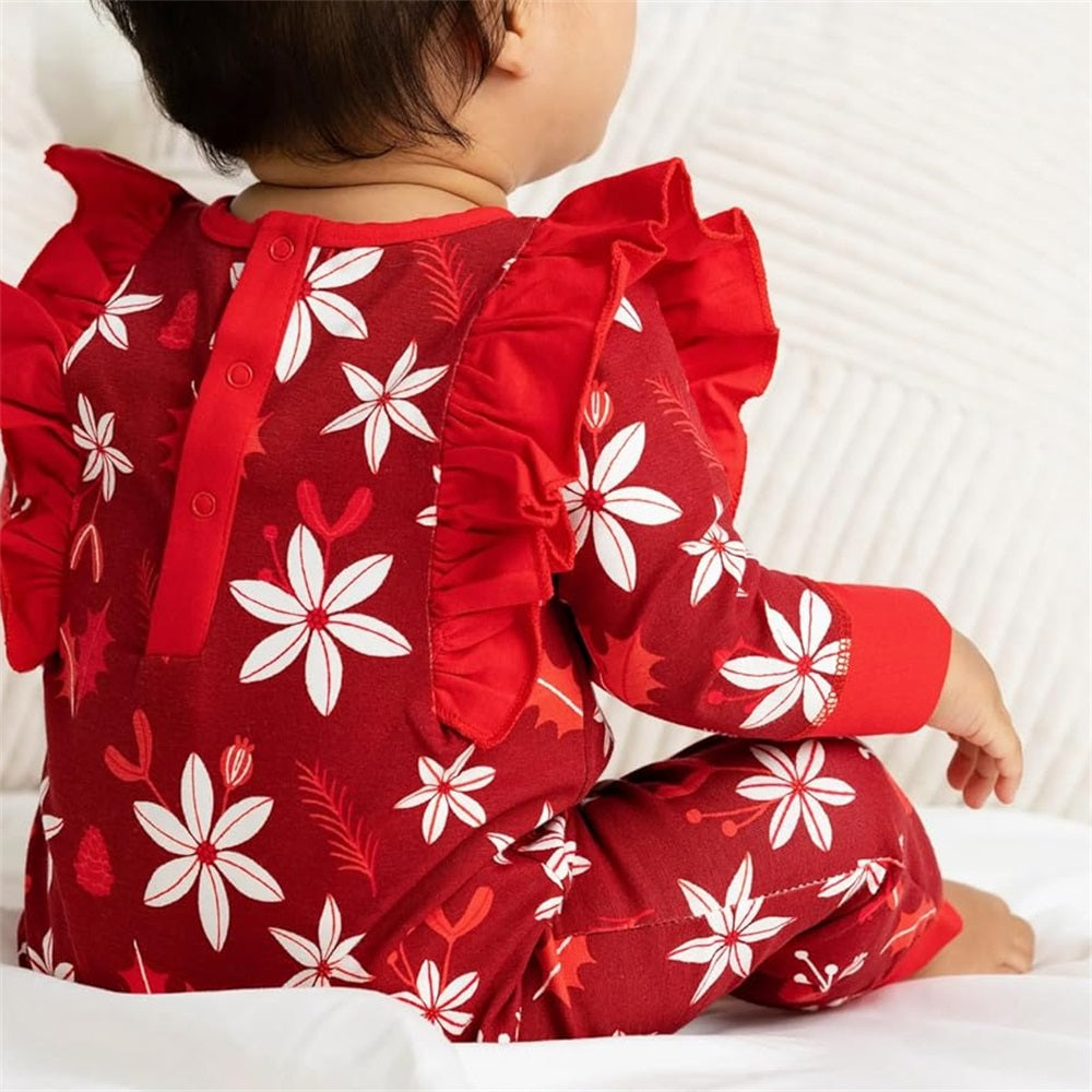 Pretty Floral Print Frill Long Sleeve Baby Jumpsuit