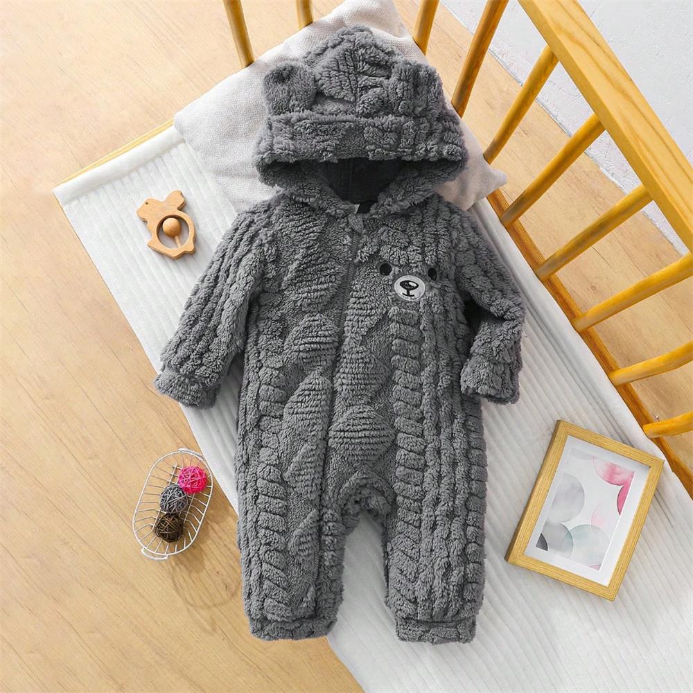 Warm Bear Print Plush Long Sleeve Baby Hooded Jumpsuit