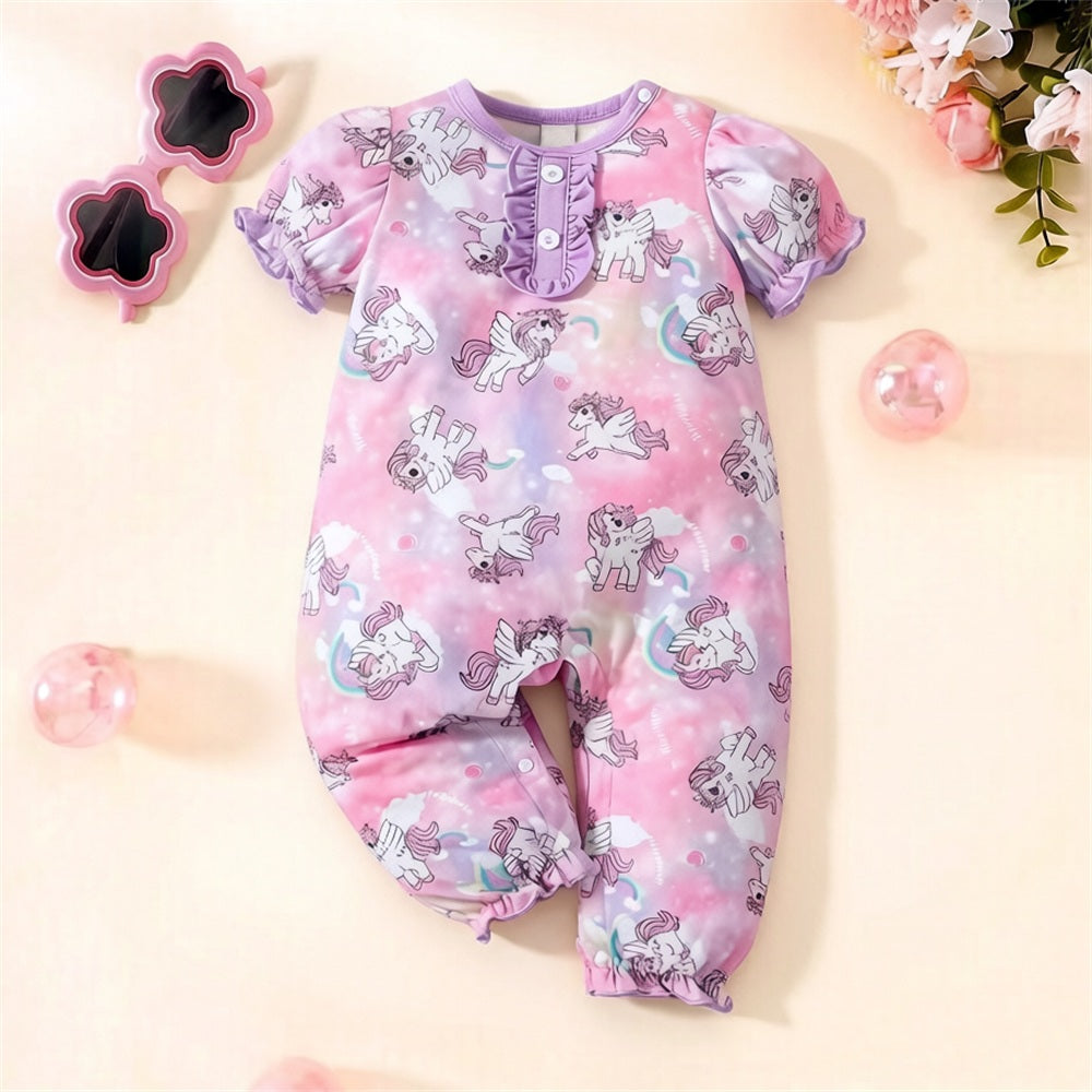 Lovely Pony Print Short Sleeve Baby Jumpsuit
