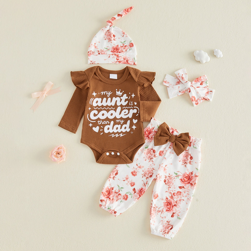 4PCS My Aunt Cooler Than My Dad Letter Floral Printed Baby Set