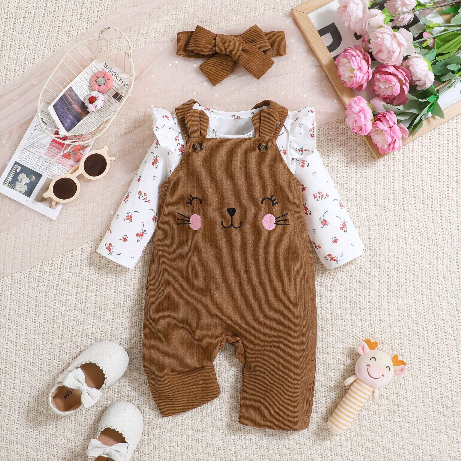3PCS Lovely Embroidered Cat and Floral Printed Overalls Baby Girl Set