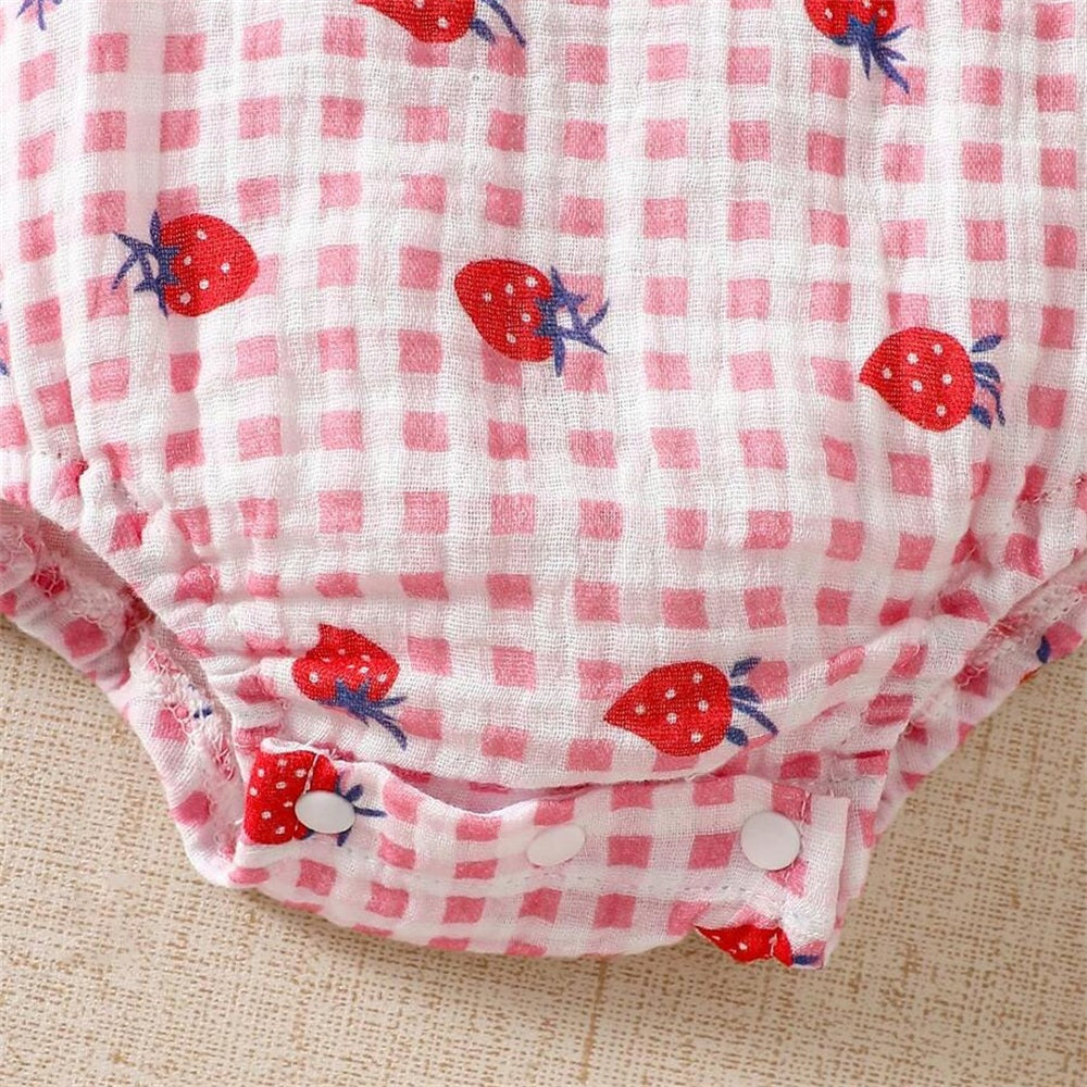 2PCS Strawberry Plaid Printed Flutter Sleeve Baby Romper