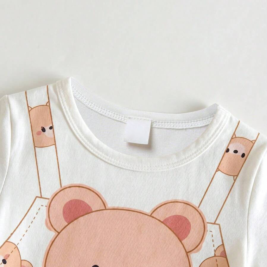 Lovely Teddy Bear Print Short Sleeve Baby Jumpsuit