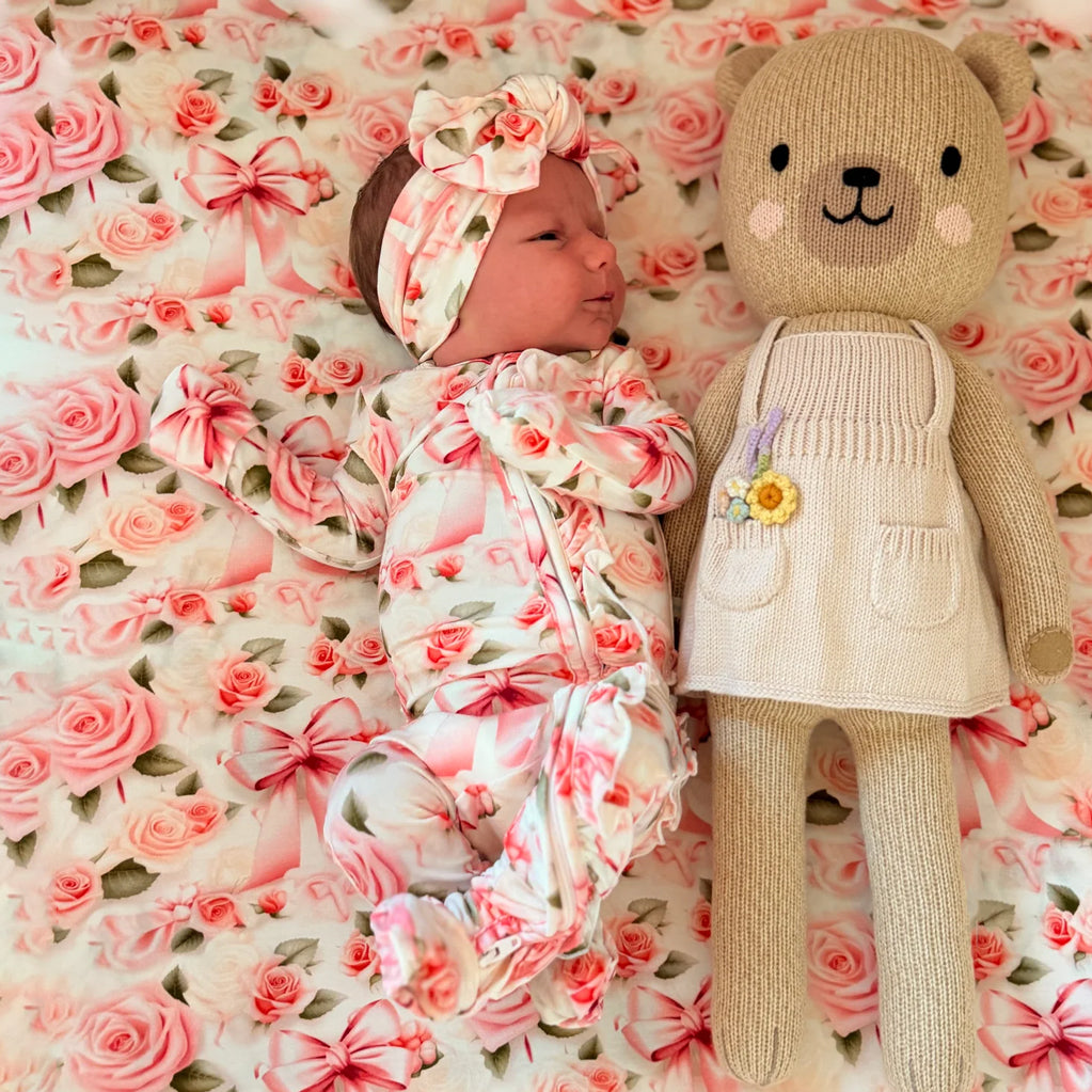 2PCS Pretty Floral & Bow Print Zipper Long Sleeve Baby Jumpsuit
