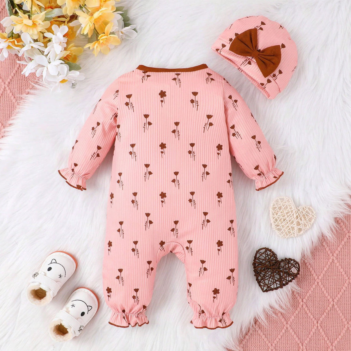 2PCS Romantic Floral Printed Ruffle Long Sleeve Baby Girl Jumpsuit