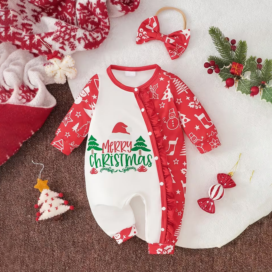 2PCS Lovely Merry Christmas Letter Holiday Print Baby Girl Jumpsuit