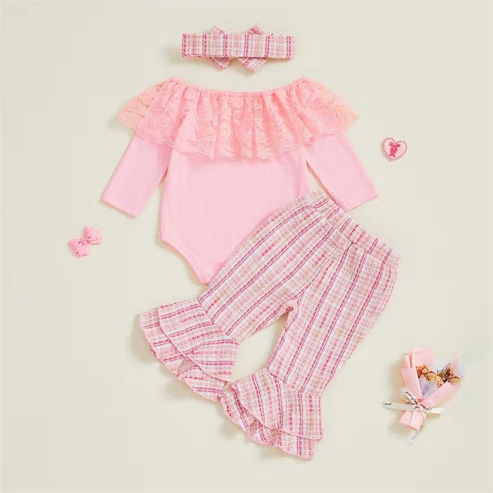 3PCS Soft Plaid Print Lace Trim Long Sleeve Baby Set