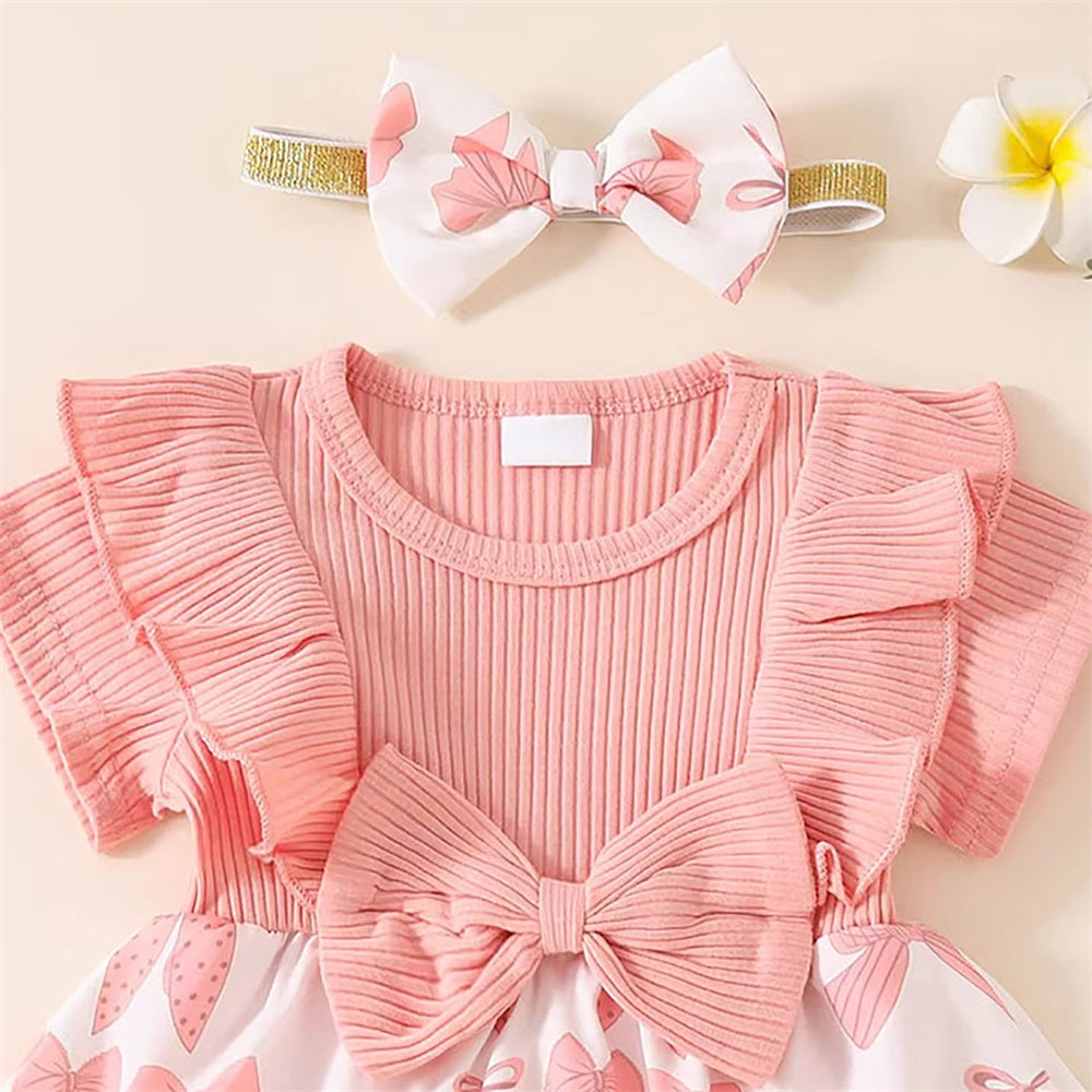 2PCS Causal Bow Printed Ruffled Short Sleeve Baby Romper