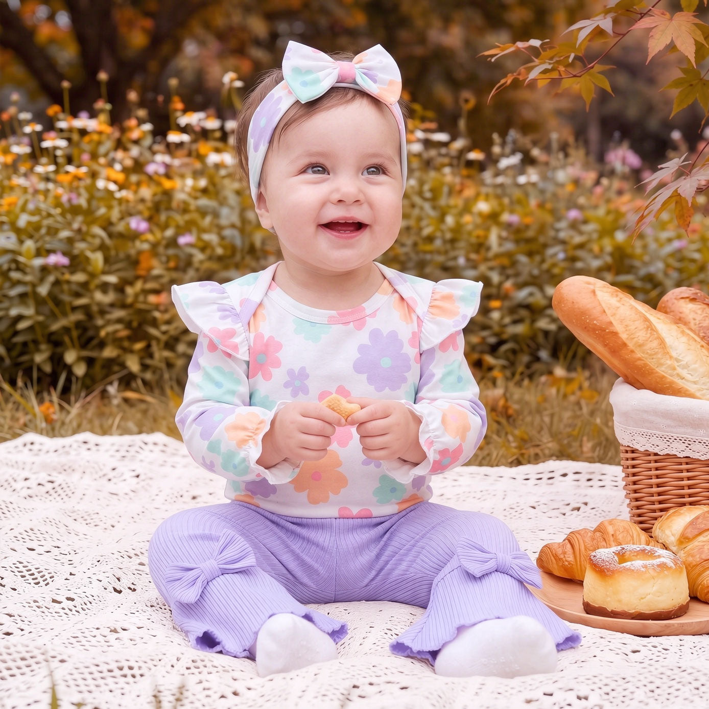 4PCS Bubbly Floral Printed Long Sleeve Baby Set