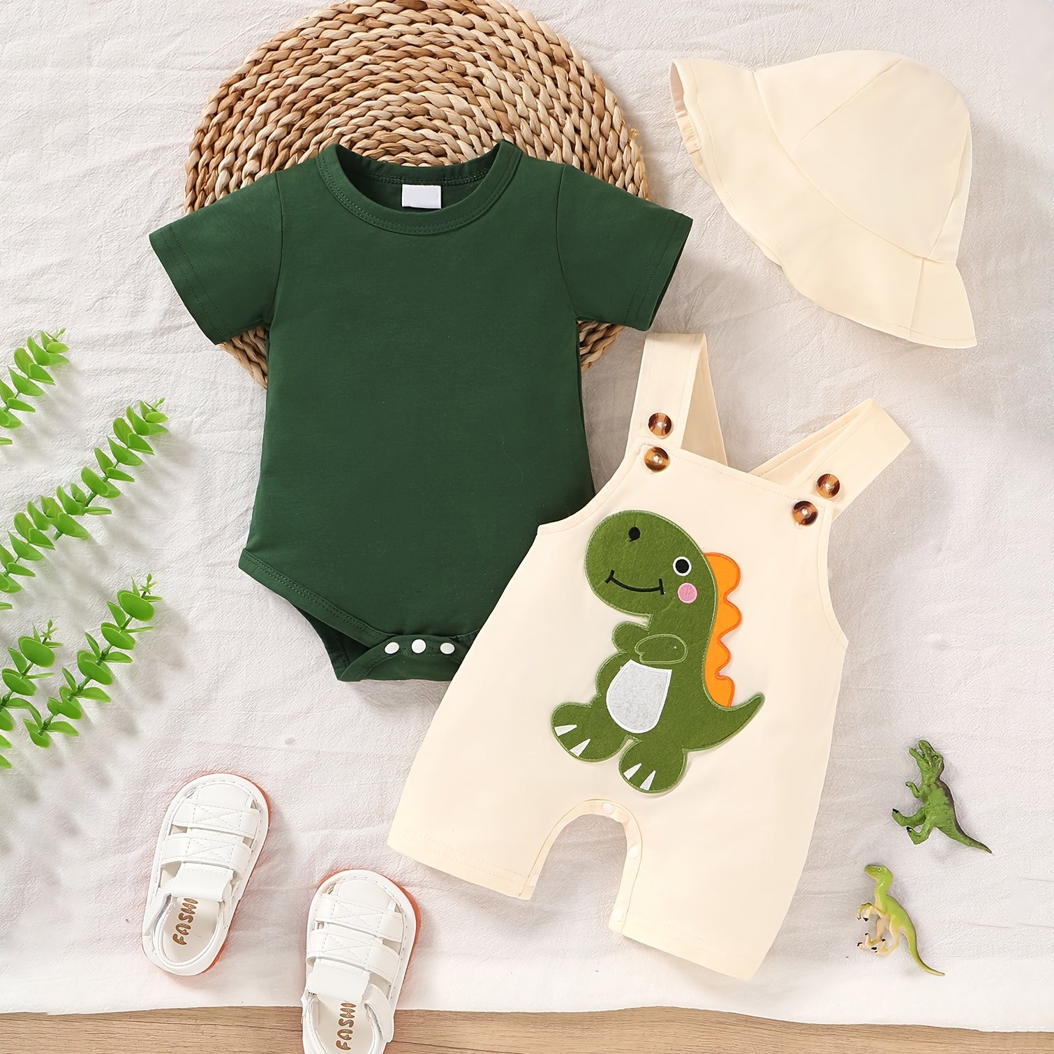 3PCS Cute Summer Dinosaur Printed Short Sleeve Overalls Baby Set