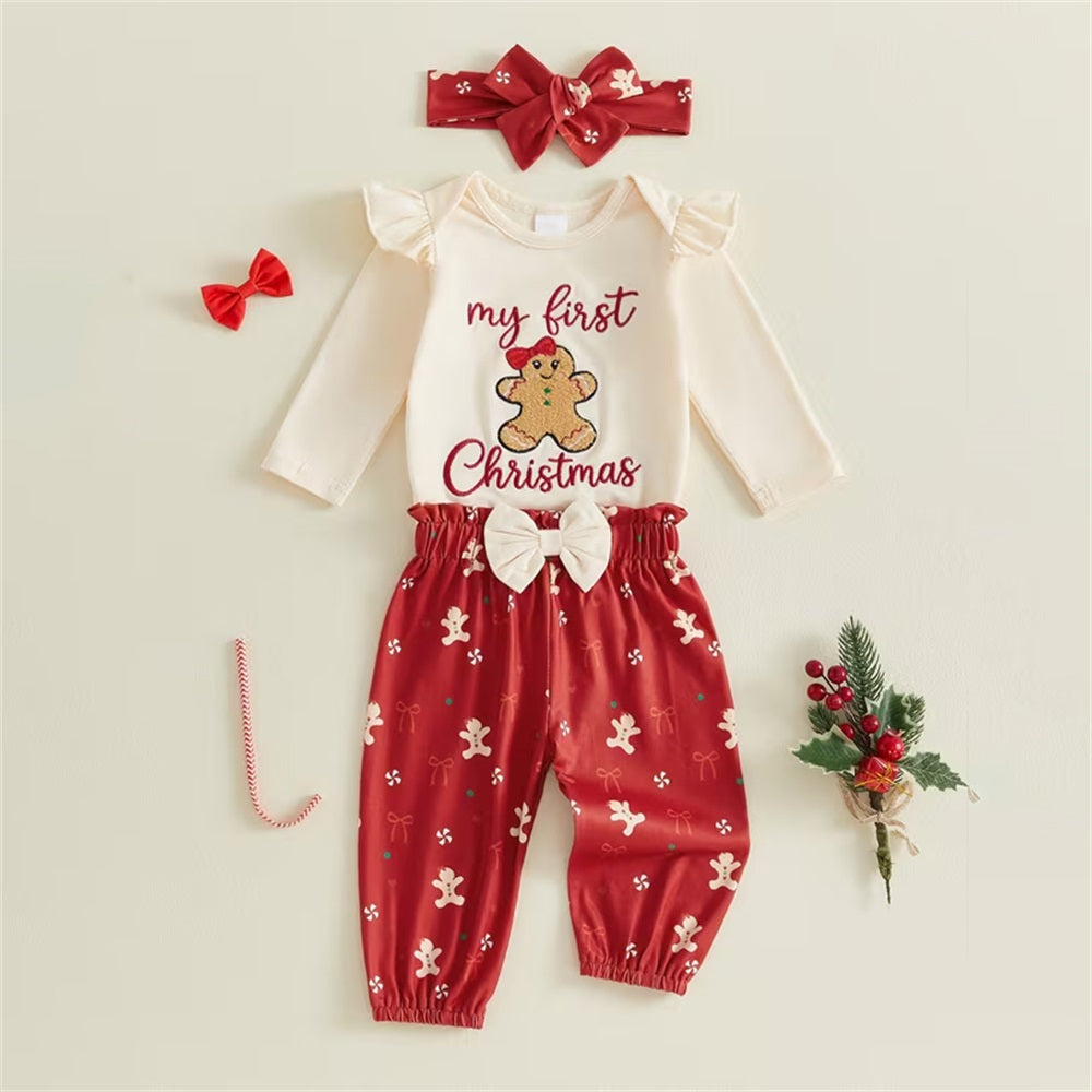 3PCS My First Christmas Letter Embroidery Gingerbread Print Baby Set