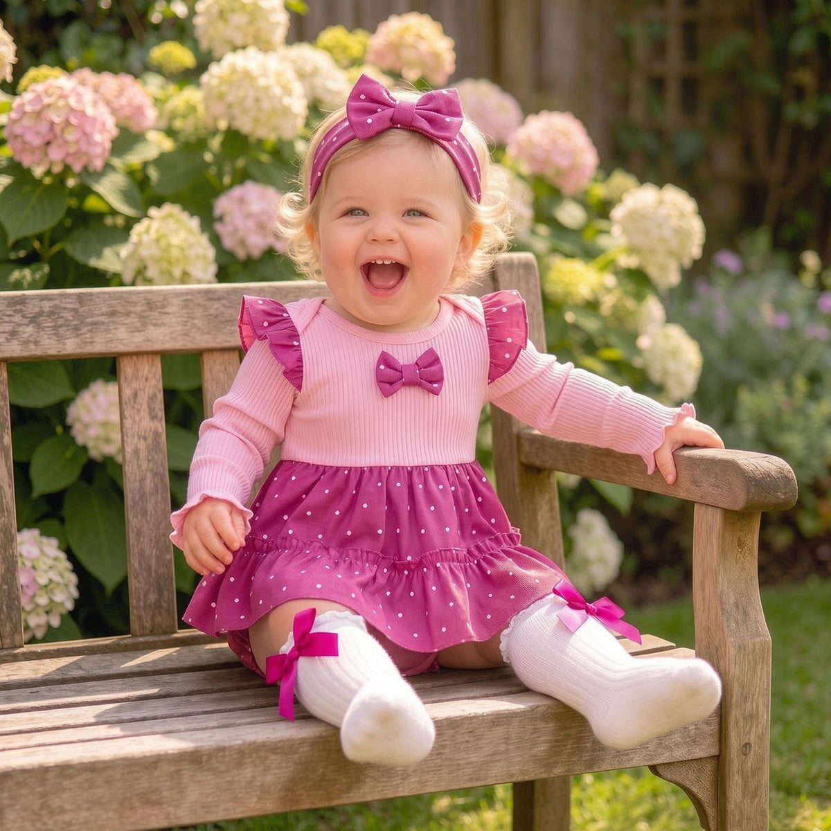 2PCS Pretty Polka Dots Print Bow Long Sleeve Baby Girl Romper