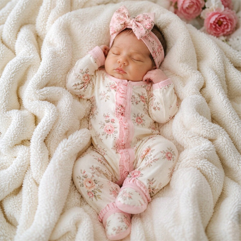 2PCS Winsome Floral Print Zipper Long Sleeve Baby Girl Jumpsuit