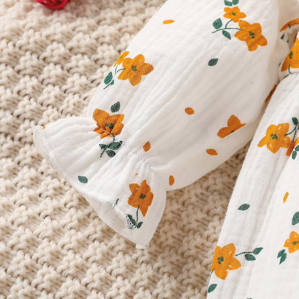Vintage Baby Girl Floral Print Ruffle Long Sleeve Jumpsuit