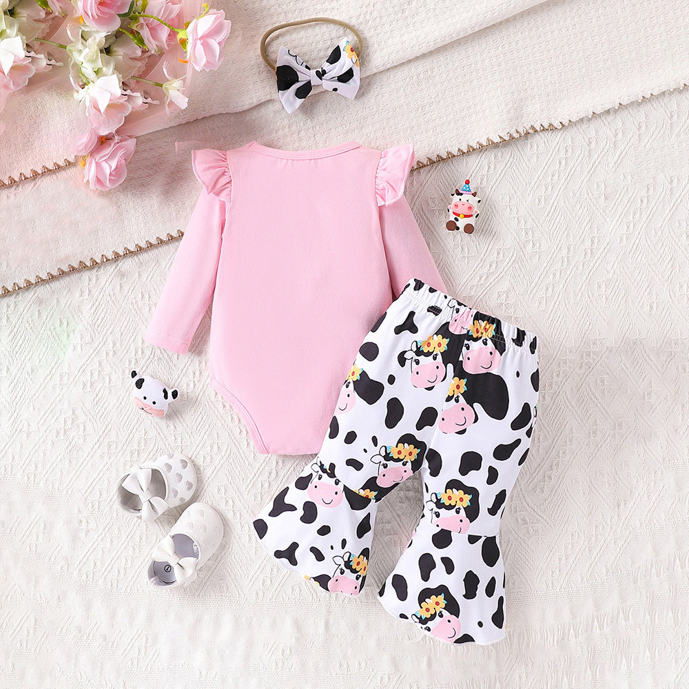 3PCS Mama's Is My Bestie Letter Cow Print Baby Set