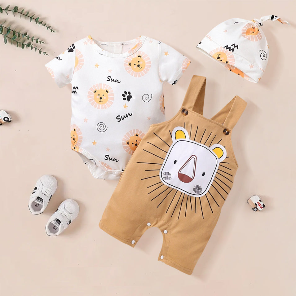 3PCS Cute Lion Printed Short Sleeve Overalls Baby Set