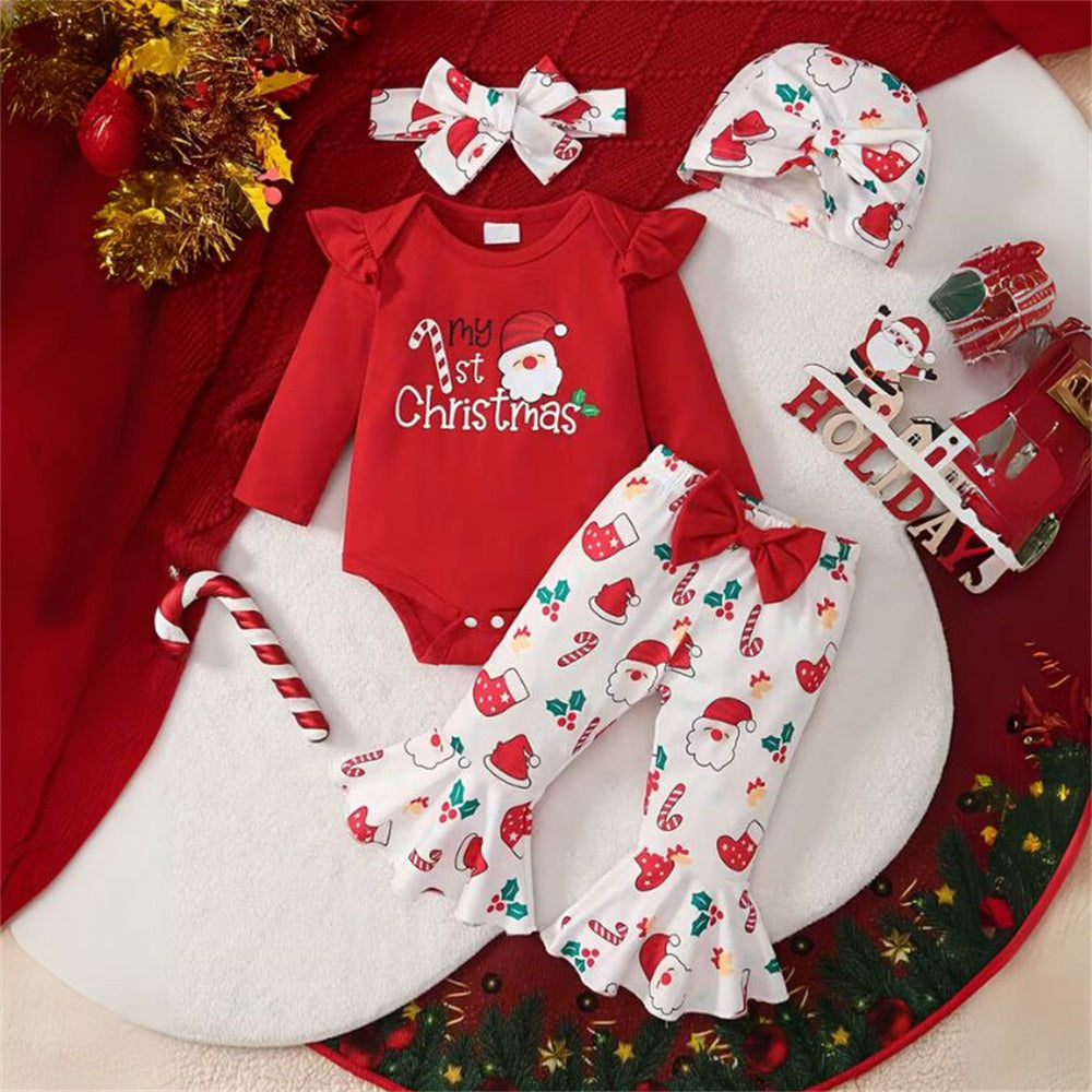 4PCS My 1st Christmas Letter Santa Claus Print Long Sleeve Baby Set