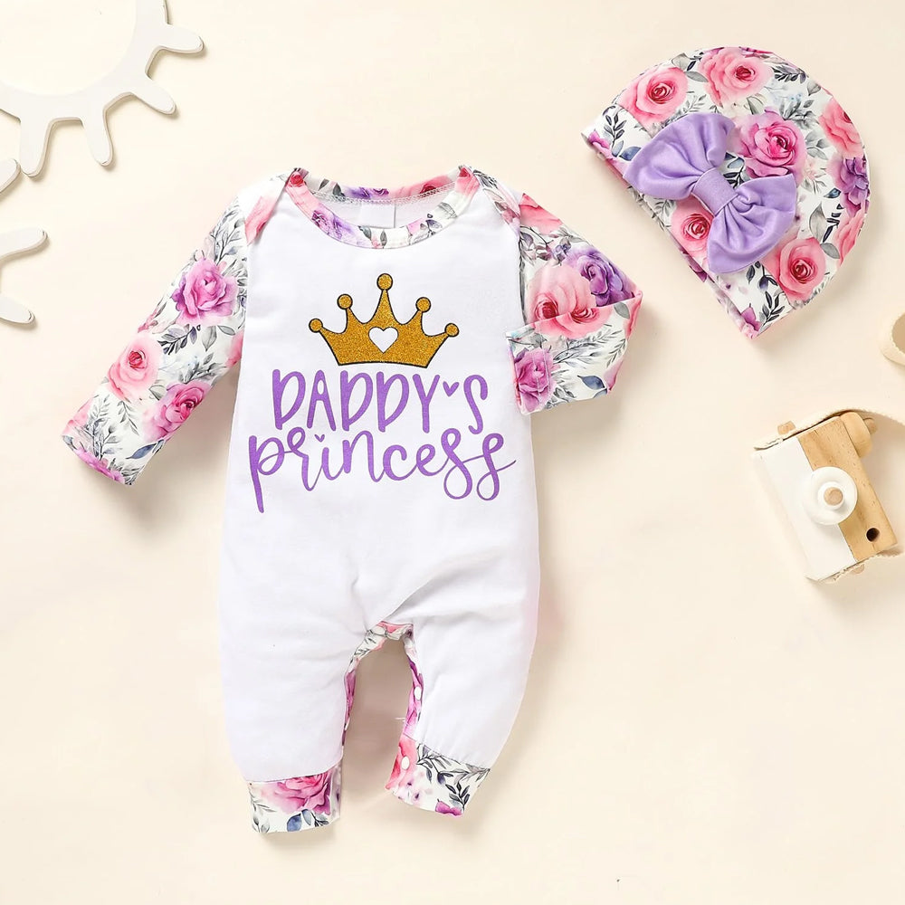 2PCS Daddy's Princess Letter Crown and Floral Print Baby Jumpsuit