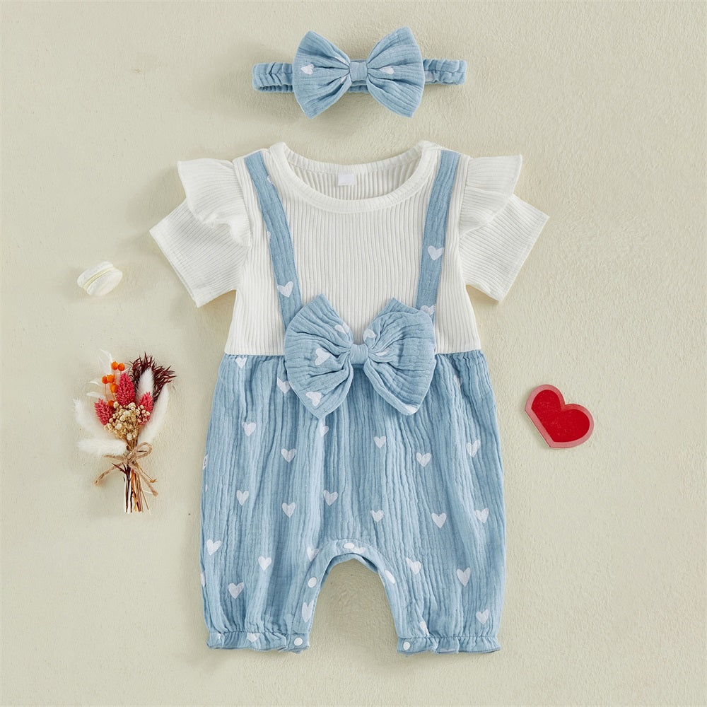 2PCS Adorable Heart Printed Bow Short Sleeve Baby Jumpsuit