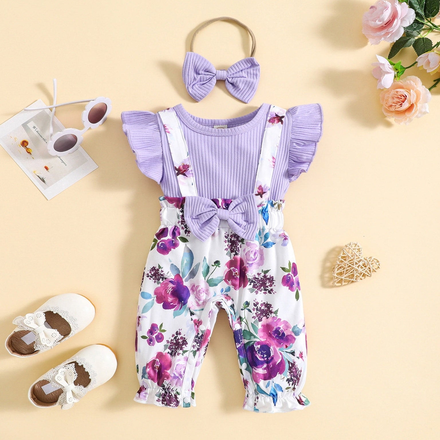 2PCS Grace Floral Printed Bow Baby Jumpsuit