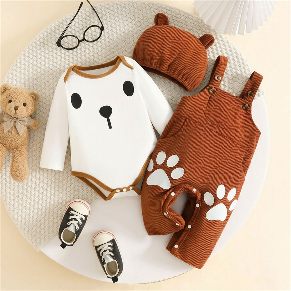 3PCS Adorable Bear Paw Print Long Sleeve Baby Overalls Set