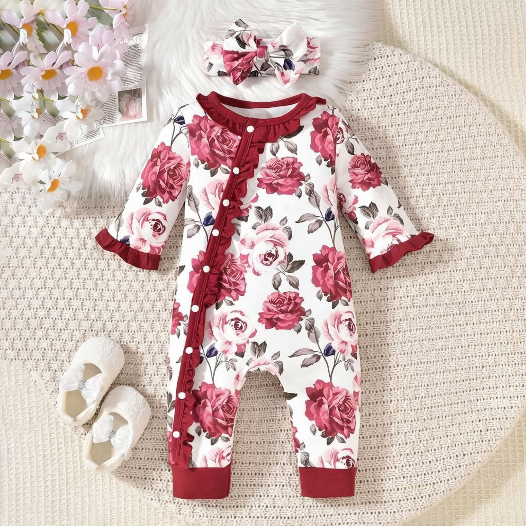 2PCS Classic Floral Printed Ruffle Long Sleeve Baby Girl Jumpsuit