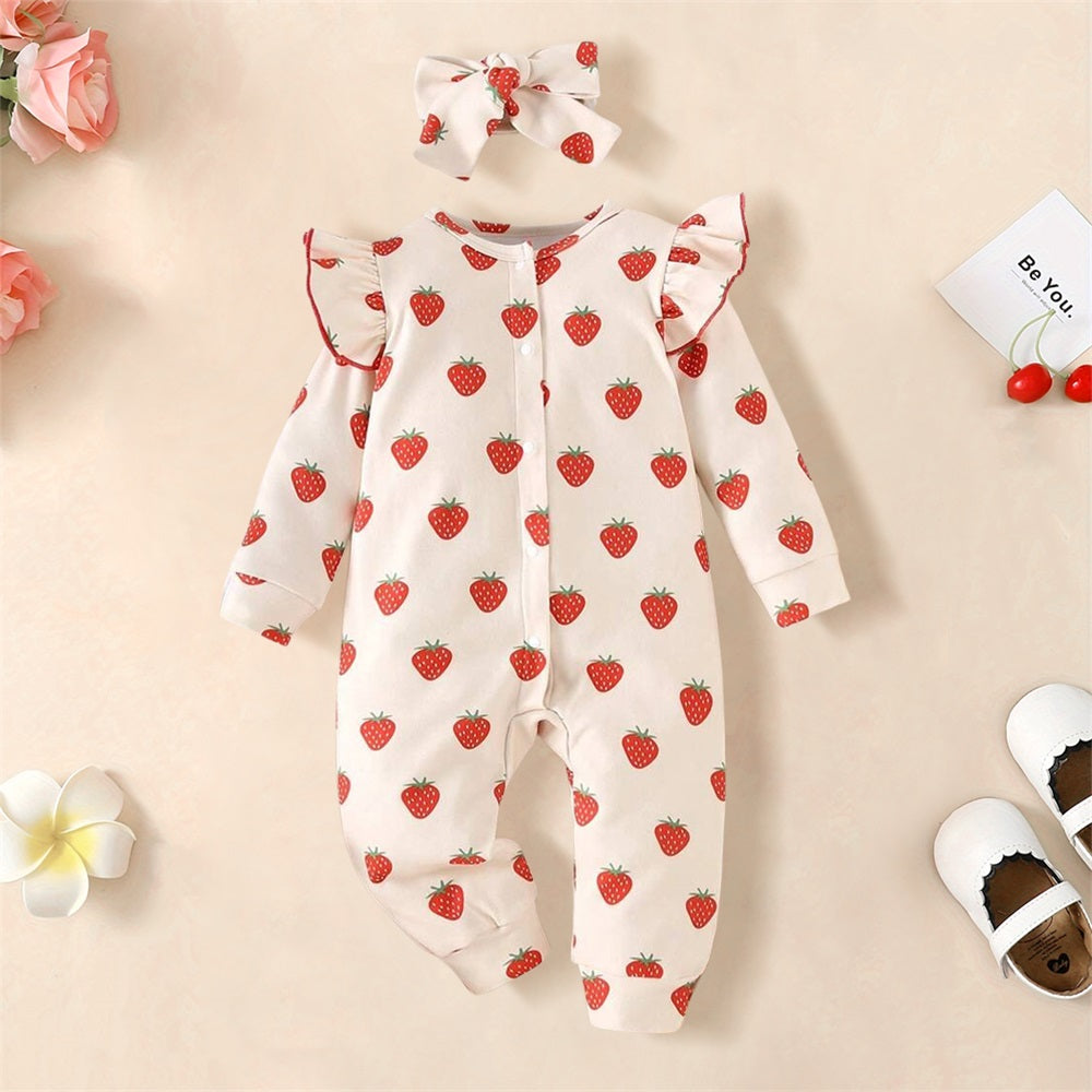 2PCS Cute Strawberry Printed Long Sleeve Baby Jumpsuit