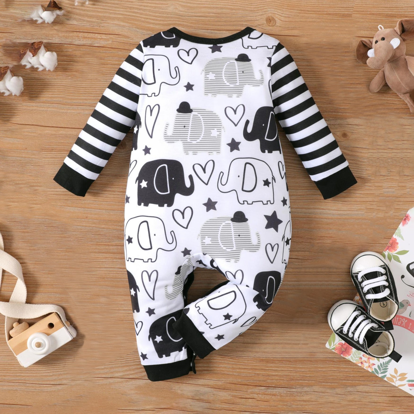 All Over Cartoon Elephant Printed Striped Long Sleeve Baby Jumpsuit