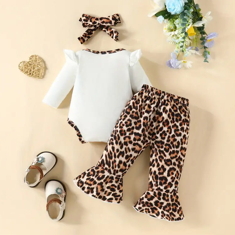 3PCS Wild Girl Letter Heart Leopard Printed Baby Set