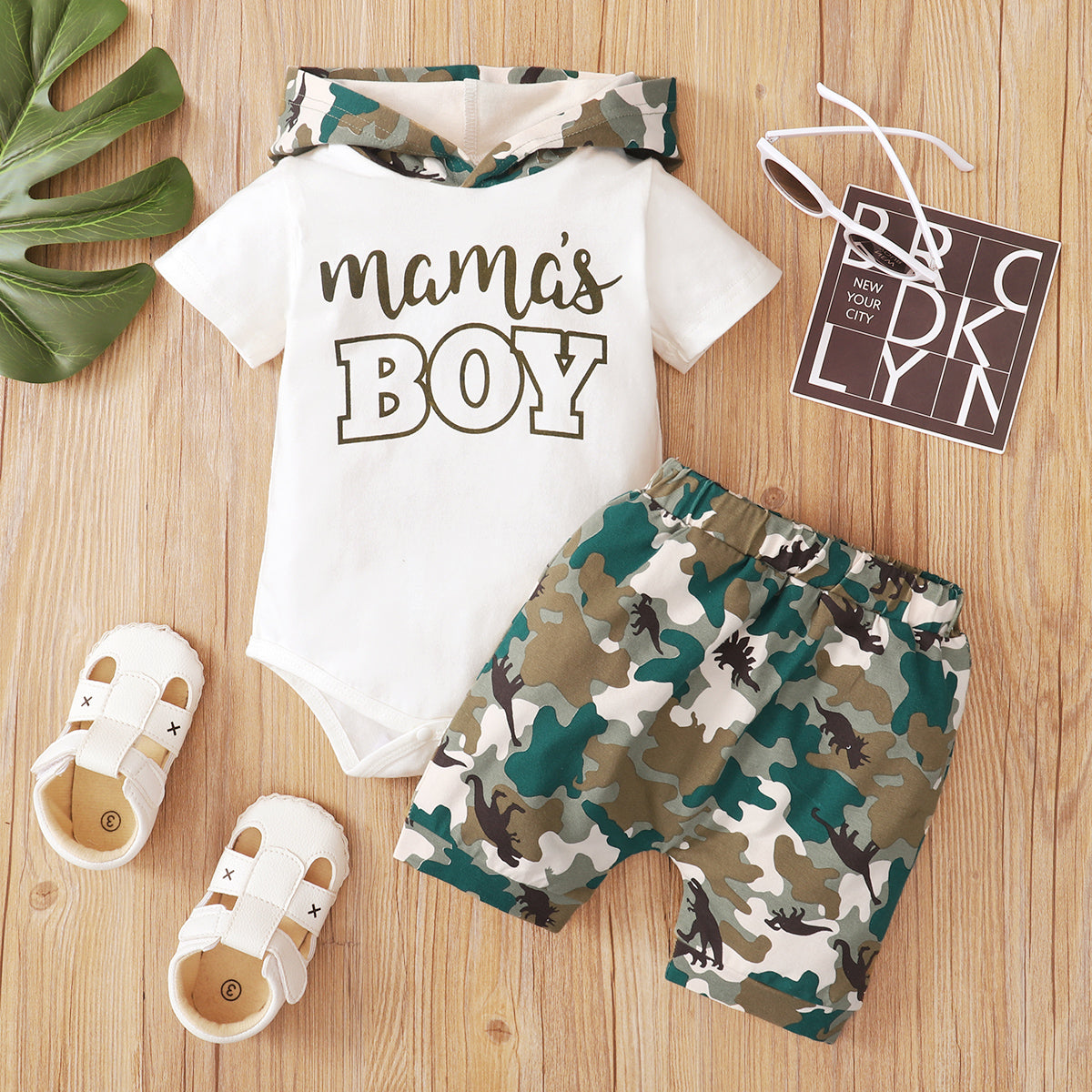 2PCS Mama's Boy Letter Camo Print Hoodie Short Sleeve Baby Set
