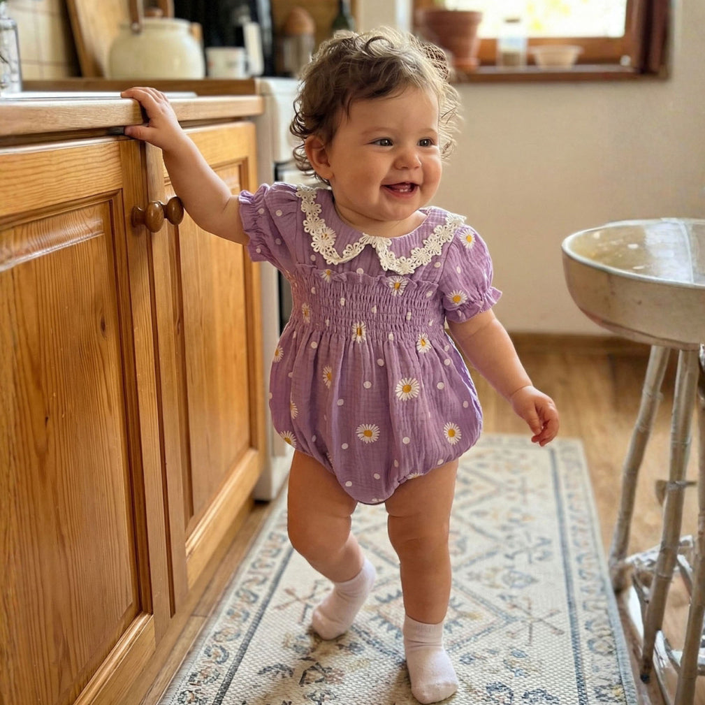 Dreamy Daisy Printed Eyelet Lace Short Sleeve Baby Romper